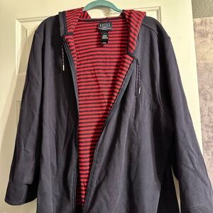 Liz crazy horse size 3x Navy and Red Striped fully reversible hoodie Jacket